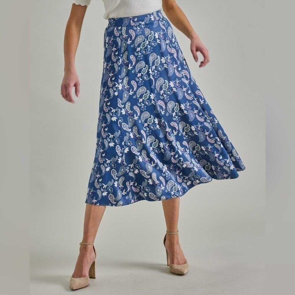 DOWNEAST Blue Paisley Floral Satin Midi Skirt Cottagecore Feminine Small